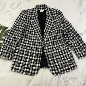 Sellecca Womens Vintage 90s Blazer Jacket Size 12 Black White Plaid Wool Blend